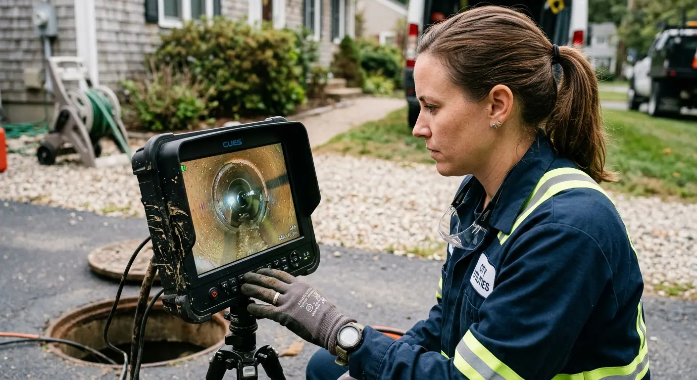 Technician reviewing sewer camera inspection footage in San Carlos