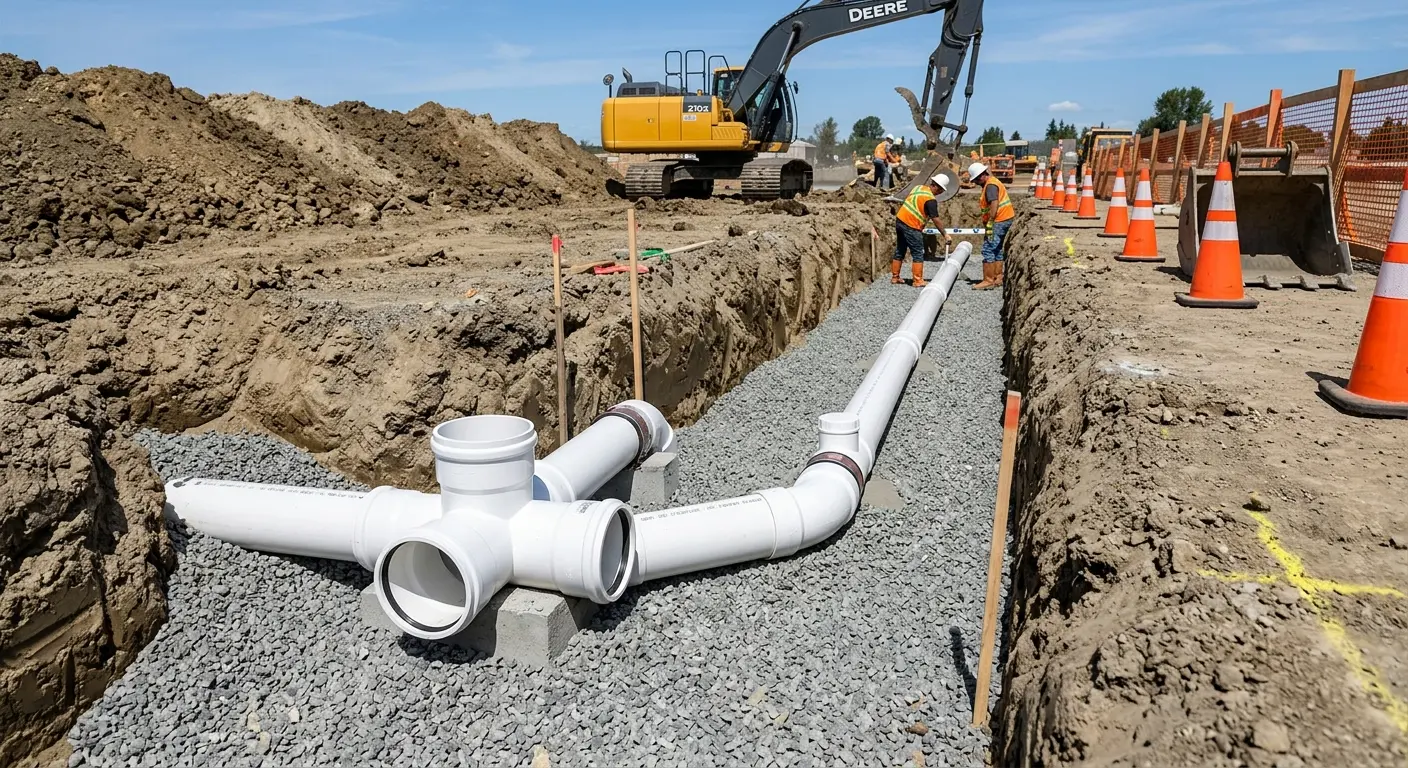 New PVC sewer pipe installation in open trench for Sewer Backup in San Carlos