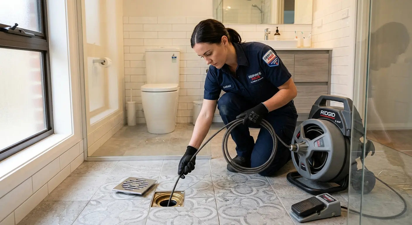 Technician clearing a bathroom floor drain for Drain Cleaning in San Carlos